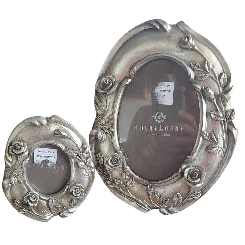 Hobby Lobby‎ Photo Frames Pewter Look 4x6 and 2.5x3.5 Set NWOT - Picture 2 of 5